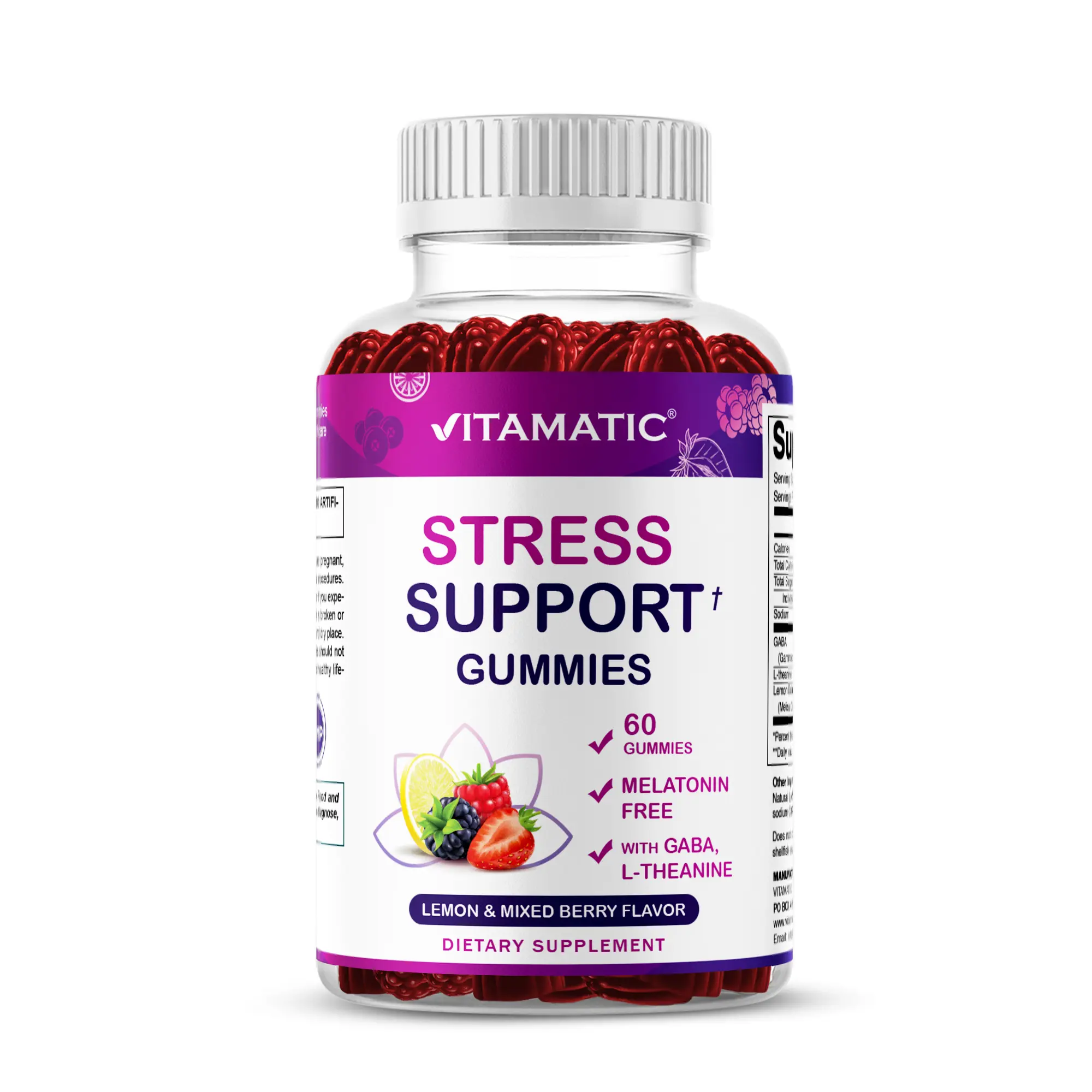 Vitamatic Natural Chewable GABA L-Theanine Lemon Balm Stress Relief Dietary Gummies - Gluten-Free, GMO-Free, Lemon & Mixed Berry Flavor, 60 Count Self Care Products for Youth