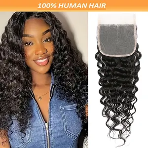Wholesale NEW Arrived 4X4 Deep Wave Lace Closure Part, Deep Curly Brazilian Human Hair Lace Closure for Women Natural Black Color