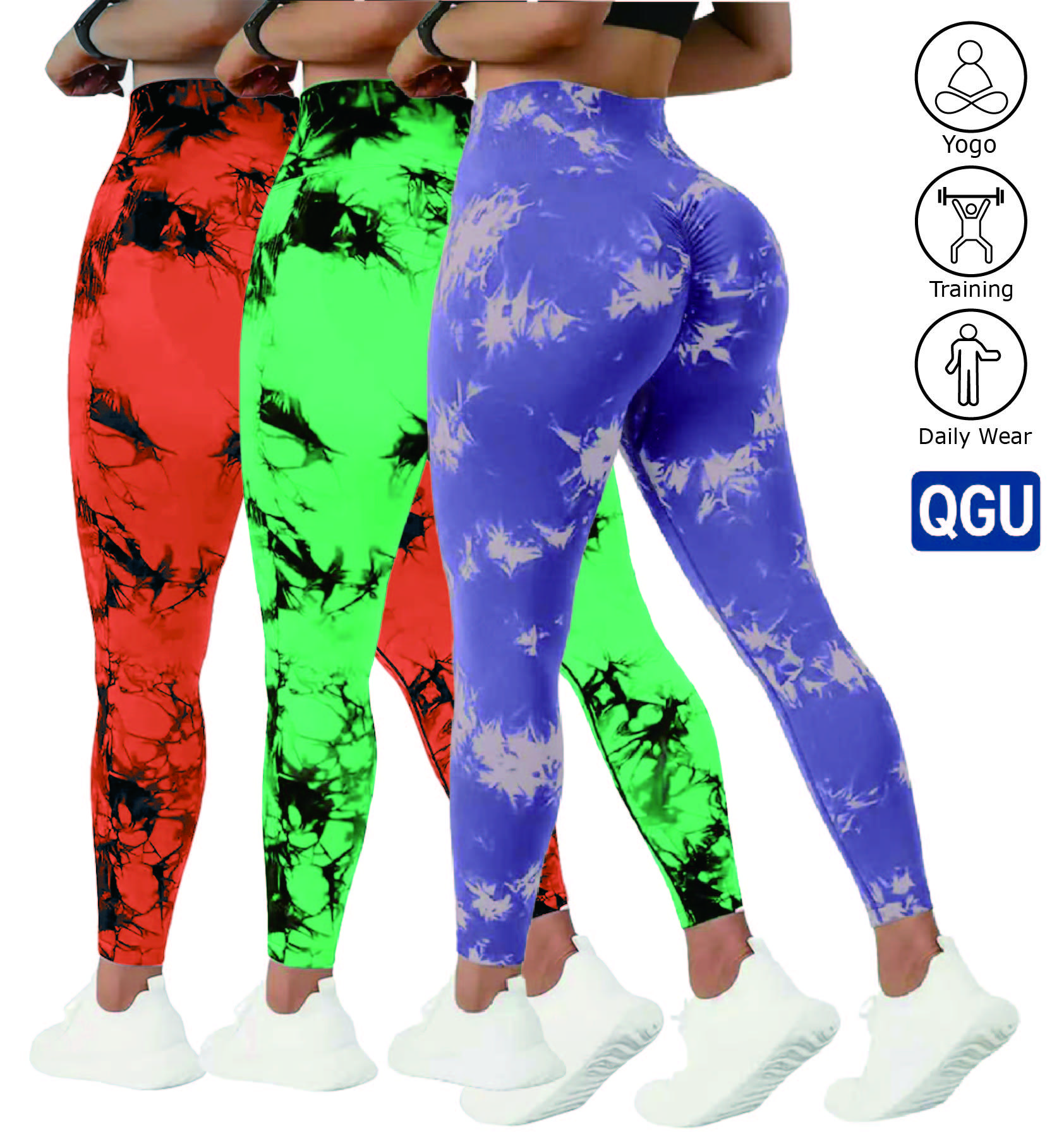Women's Summer High Waist Tummy Control Oil-Resistant Three-Piece Yoga Pants with Printed Tie, Stretchy Running Leggings, Hip-Lifting Workout Tights Set