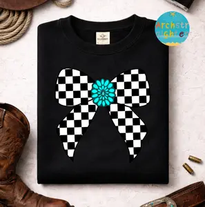 Wholesale Western TQ Checkered Bow sweatshirt, western graphic sweatshirt, Wholesale Boutique Clothing, cowgirl stuff, western clothing