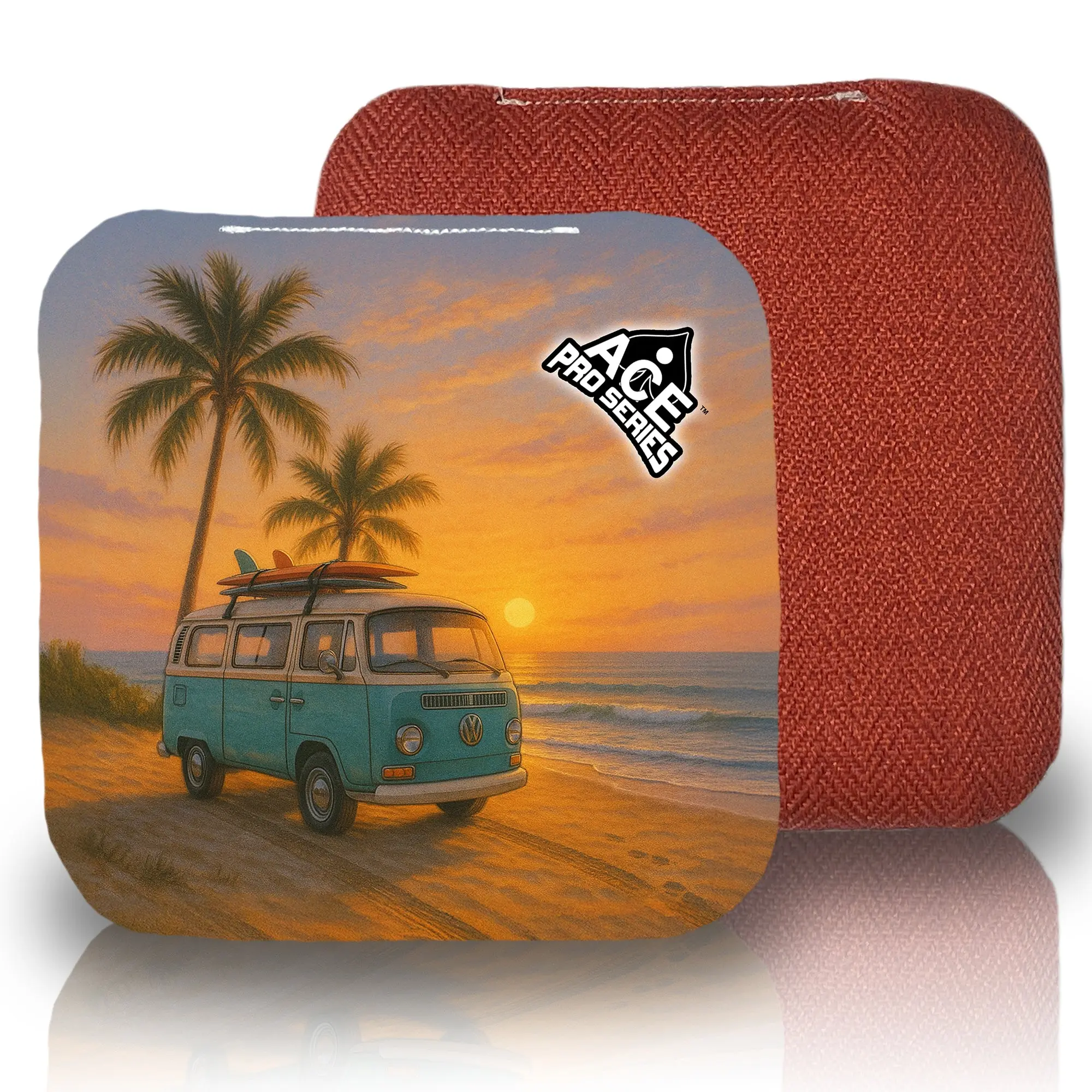 ACE Pro Carpet Cornhole Bags, Retro Rides and Tides Coastal Beach Design, Set of 4 for Players, 6/8 Dual Speed with Dependable Control, Boardwalk, Double Stitched Seams, Fast Side Versatility, Four Cornhole Bags