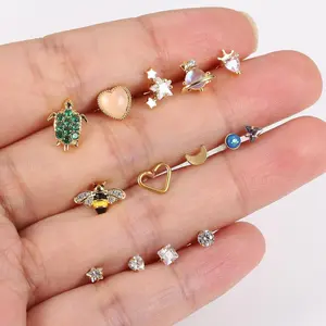 FIBO STEEL 14 PCS 16G Threadless Nose Studs Lip Rings Set for Women 316L Stainless Steel Screw Back Cubic Zirconia Earrings Heart Design Chain Piercings Septum Jewelry