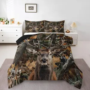 Feelyou Comforter Set King - Hunting Bedding Set for Cabin Farmhouse, Warm Rustic Camo Design with Deer, Antlers, Wolf, Bear, Woodland Leaves & Tree Duvet Quilt