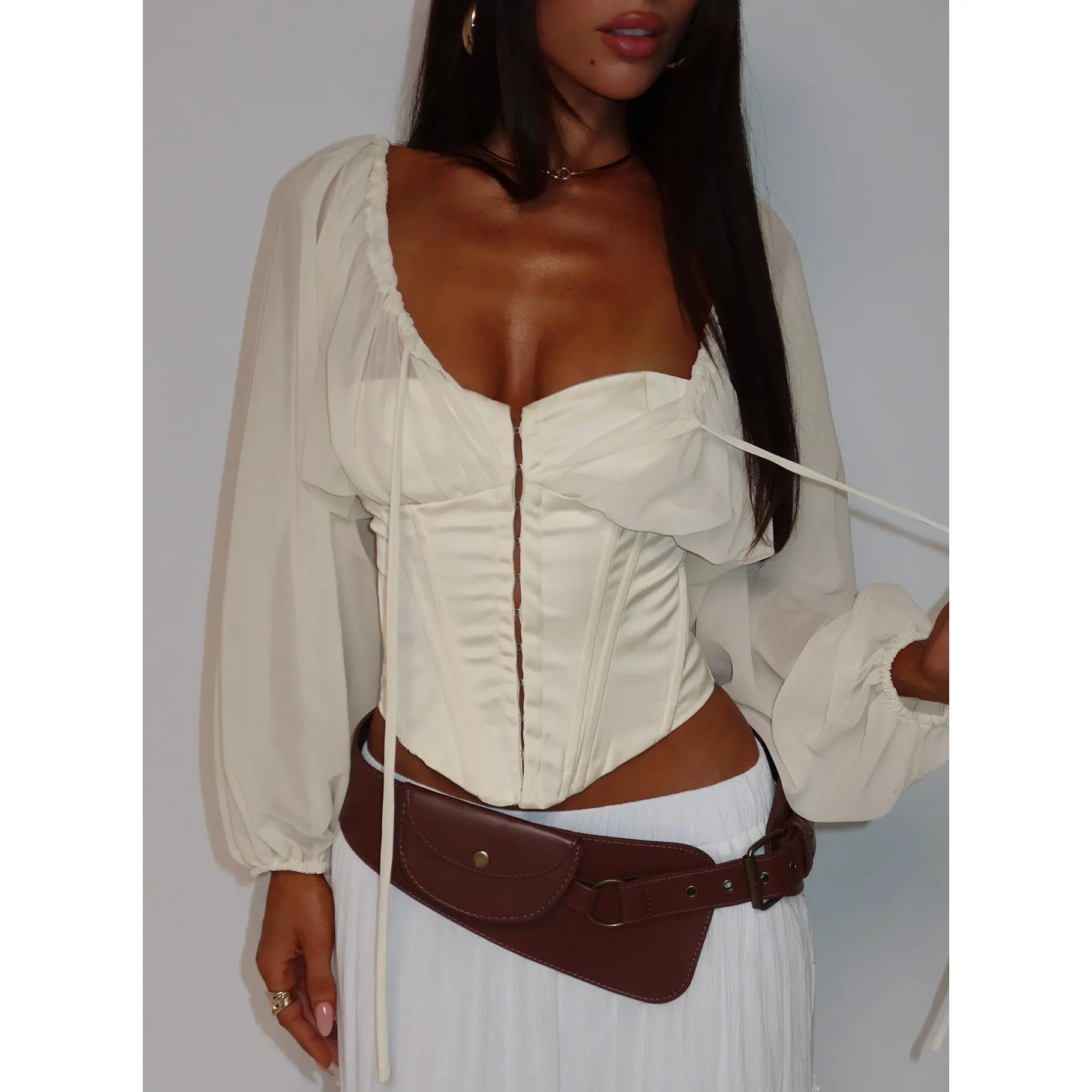 Gypsie Blouson Long Sleeve Corset Top Antique White