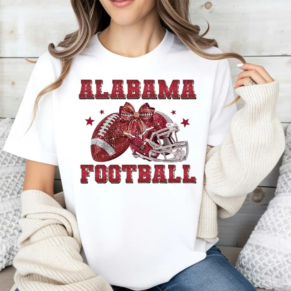 Women's T-Shirt, Casual Sporty Style, Alabama Football Glitter Design, College Sports Fan Gift, For Girlfriend Or Wife