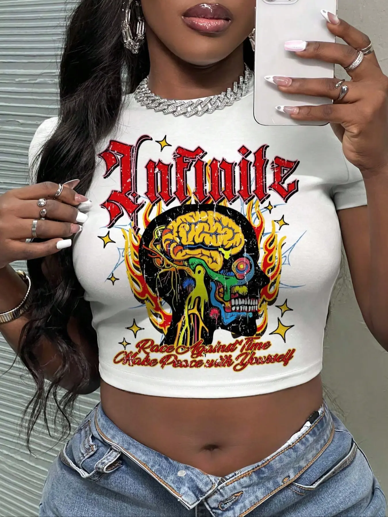 Women's Bratz Letter Print Round Neck Knit Crop Tee, Vintage Trendy Casual Short Sleeve T-shirt for Everyday Wear, Ladies Summer Cropped Top Piece, Womenswear Fabric, Casual Comfy Tee
