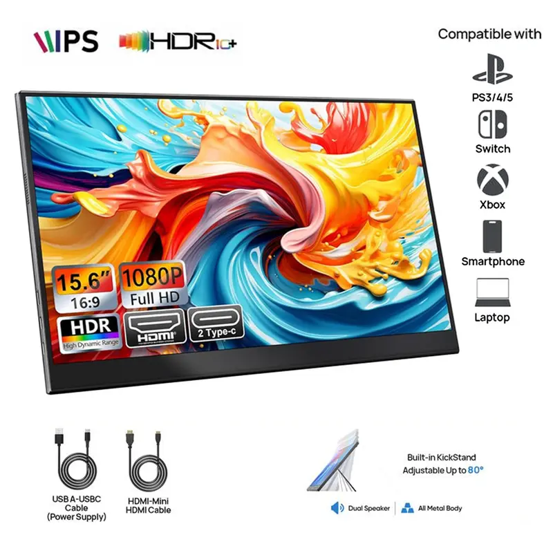 W&O Portable Monitor 15.6inch 1080P FHD USB-C, HDMI Computer Display HDR IPS Gaming Monitor / Premium Smart Cover & Screen Protector, Speakers, for Laptop PC MAC Phone PS4 Xbox Switch