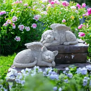 Angel Cat & Dog Memorial Statue, 1 Pair Lovely Resin Garden Ornament, Garden Decoration for Outdoor Yard Lawn, Pet Loss Memorial Gift