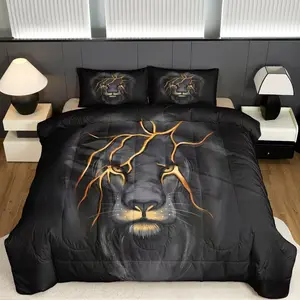 3pcs Modern Minimalist Lion Bedding Set, Soft Breathable Digital Print Polyester, Natural Theme, Includes 1 Quilt + 2 Pillowcases