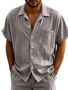 Men's Striped Two-Piece Set, Short Sleeve Collared Button-Up Shirt & Waist-Tied Shorts, Casual Summer Beachwear, Breathable Summer, Menswear (multiple Colors)