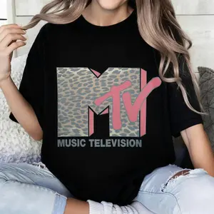 100 Percent Cotton Casual Fashion T-Shirt Mtv Logo With Leopard Print And Pink Letters Music Television Text Summer And Fall Wear For Music Lovers And Pop Culture Fans