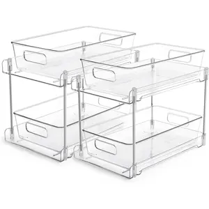 2 Tier Bathroom Storage Organizer, 2 Pack Clear Under Sink Organizers Vanity Counter Container, Cabinet Drawers Bins, Organization with Track for Pantry, Kitchen