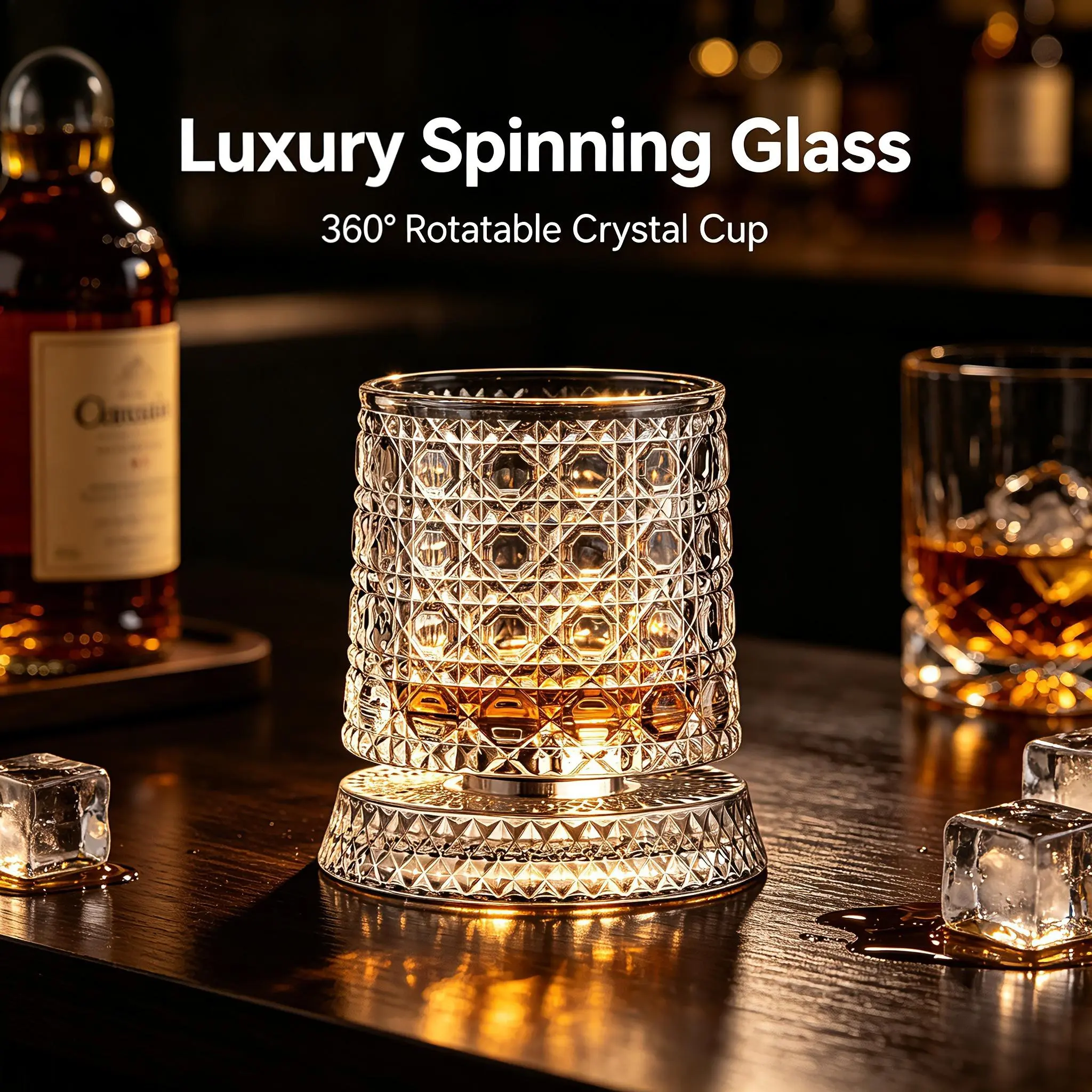 360° Spinning Crystal Whiskey Glass ，Premium Bar Tumbler, Ideal Gift for Whiskey Lovers & Father’s Day