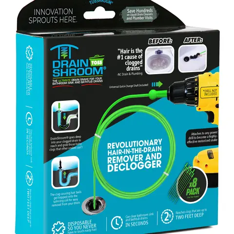 DrainShroom Toss-Disposable Hair Clog Remover 24 Inch Reach - 8 Pack Drain Snake for Bathroom, Green