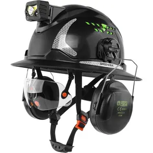 4-in-1 Full Brim Hard Hat Head Gear with Built-in Headlight, Ear Muffs, Flip-Up Visor, Vented Design, 6-Point Ratchet, Reflective Details for Workshop, Night Work