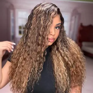 UNice 13x4  Pre Everything Caramel Brown with Honey Blonde Highlight Water Wave Wig Lace Frontal Human Hair Wig with Drawstring Natural Hairline Ready to Wear Beginers Friendly