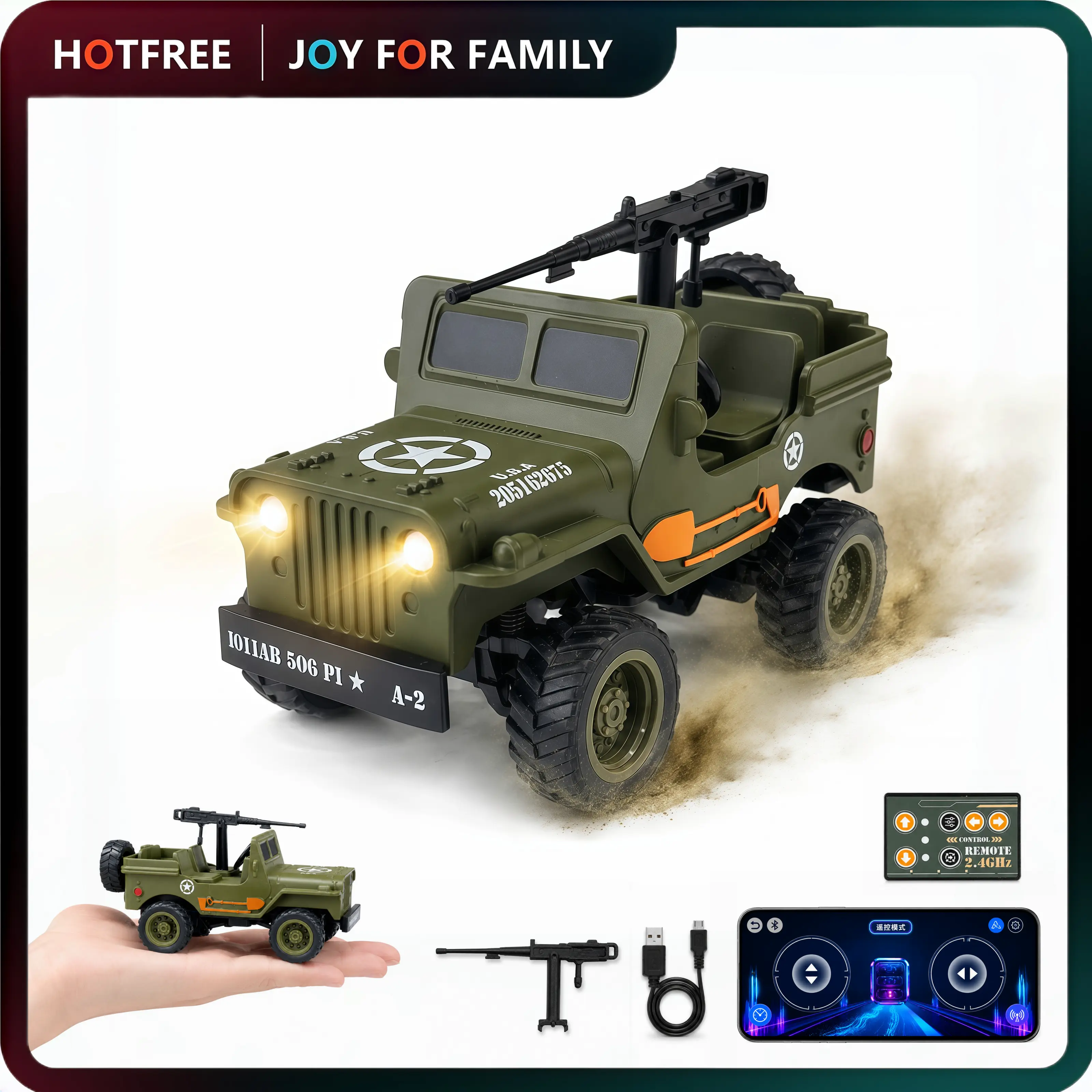 Hotfree Mini RC Military Willys Jeep, 2.4G Remote Control Off-Road Army Truck with Phone APP Dual Control, Alloy Mini RC Vehicle with LED Headlights & Detachable Machine Gun, USB Rechargeable, Christmas Birthday Gift for Boys Kids Adults