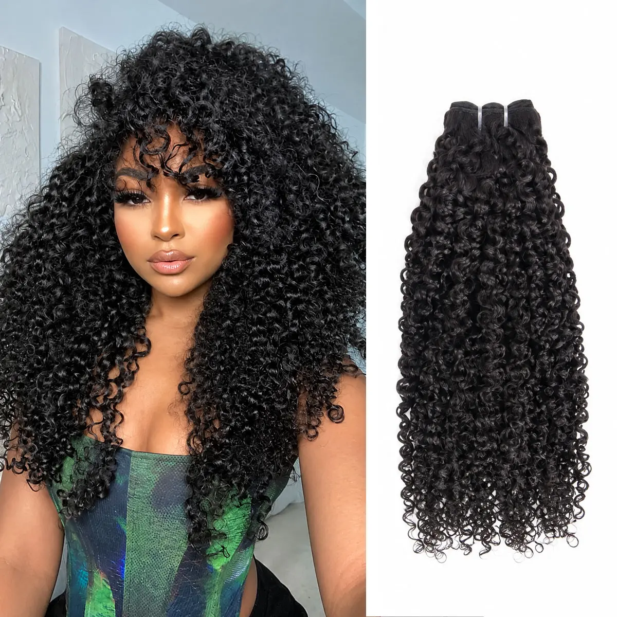 OQ HAIR Pixie Curly Double Wefted Human Hair Weave Bundles 3/4 PCS 100% Unprocessed Brazilian Virgin Hair Quick Weave Extensions Natural Black