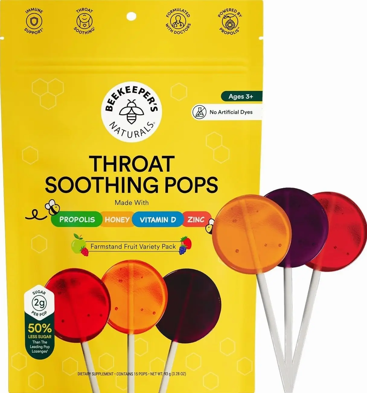 Kids Throat Soothing Lollipops by Beekeeper's Naturals - Doctor Formulated Immune Support, Vitamin D & Honey, Under 2g Sugar, Clean Ingredients,15 ct