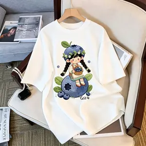Women's Short-Sleeve Crew Neck 100% Cotton T-Shirt, 3D Blueberry Kawaii Girl Graphic, Elastic Oversized Fit, Trendy Boho Cute Streetwear Casual Top, Ideal for Summer Beach Lady Outfits, Spring Glow Up,summervibes