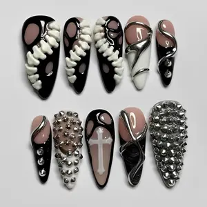 Gothic Spine Press On Nails | Handmade Black Chrome Cross Punk Grunge 3D Skeleton Press On Nails | Alternative Reusable Fake Nail Set