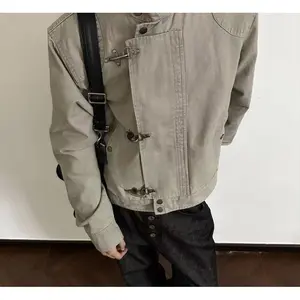 Deconstructed Patchwork Airplane Buckle Jacket Men's Retro Distressed Short Coat