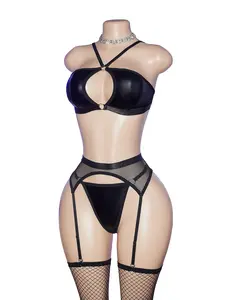 Women's Bra Set Lingerie with PU Mesh Seamless Design, Includes Thong and Fishnet Stocking Garter, Enhances Nighttime Comfort and Style