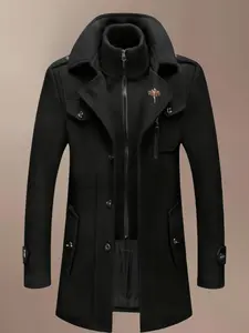 Men's Fashion Double Collar Mixed Fiber Long Coat, Coat with Pockets, Zipper and Pocket Design, Warm and Durable, Suitable for Business or Casual Autumn/Winter