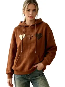 Women's Waffle Hoodies Heart & Patchwork Print Graphic Sweatshirts Long Sleeve Drawstring Casual Sweatshirt Hooded Tops