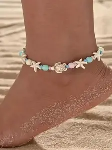 Starfish Turtle Beaded Anklet for Women, Marine Theme Fashion Jewelry All-Match Birthday Gift Accessory