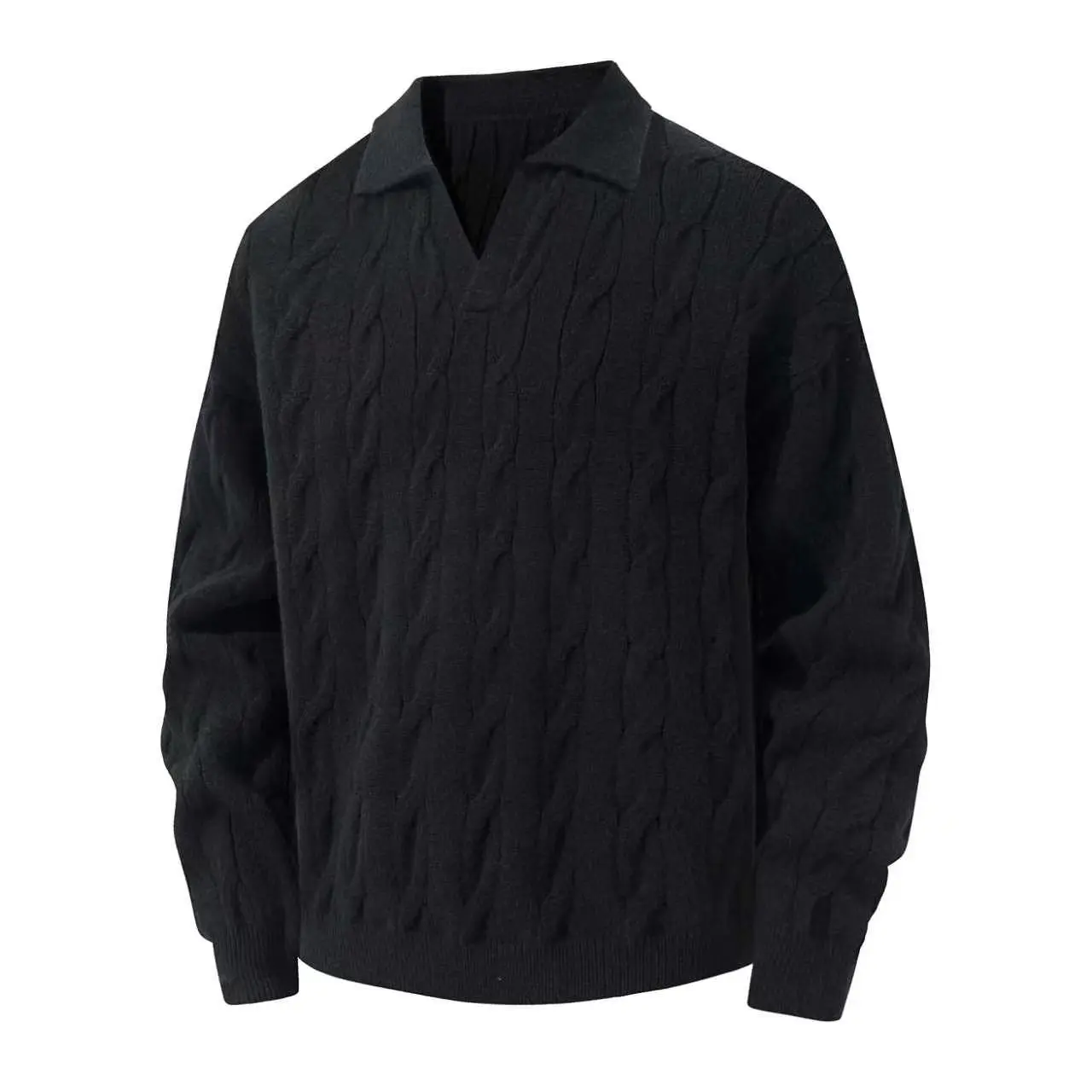 Men’s autumn/winter pullover knit jacket with turn-down collar, thick rib-knit design, casual and versatile solid-color long-sleeve outerwear