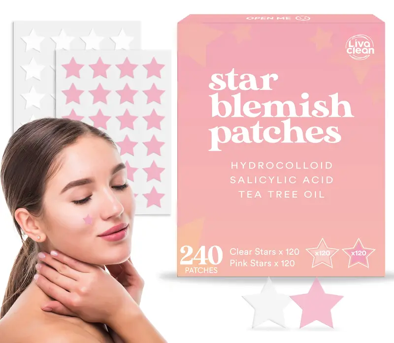 LivaClean 240 CT Star Pimple Patch - w/Salicylic Acid & Tea Tree Oil - Pink & White Acne Patches Star - Pimple Patch Cute - Cute Pimple Patches - Star Pimple Patches for Face - Star Pimple Patches Skincare Blemish