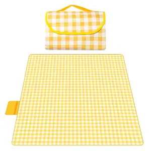 Portable Foldable Outdoor Picnic Mat Waterproof & Moisture-Proof Thickened Beach Camping Mat in Yellow Gingham Design