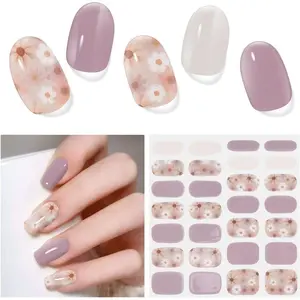28pcs Semi Cured Gel Nail Strips, Long Lasting UV Gel Nail Stickers for Women Kit, Nails Wraps for Home DIY (Purple Flower)