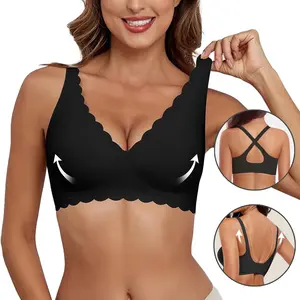 Women's Jelly Wireless Scalloped Bra Comfortable No Underwire Bras Full Coverage Push Up Bralettes Soft Tshirts Bras Deep V Everyday Bras Sleep Bra Womenswear Adjustable