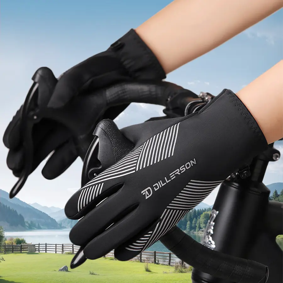 Striped Touch Screen Cycling Gloves, Thin Lightweight Anti-Slip Full Finger Bike Gloves
