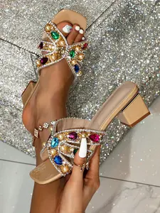 Women's Fashion High Heel Sandals Comfortable Chunky Sole Large Size Shoes Rhinestone Decor Versatile Mid-Heel Square Toe Glitter Decorated Sandals