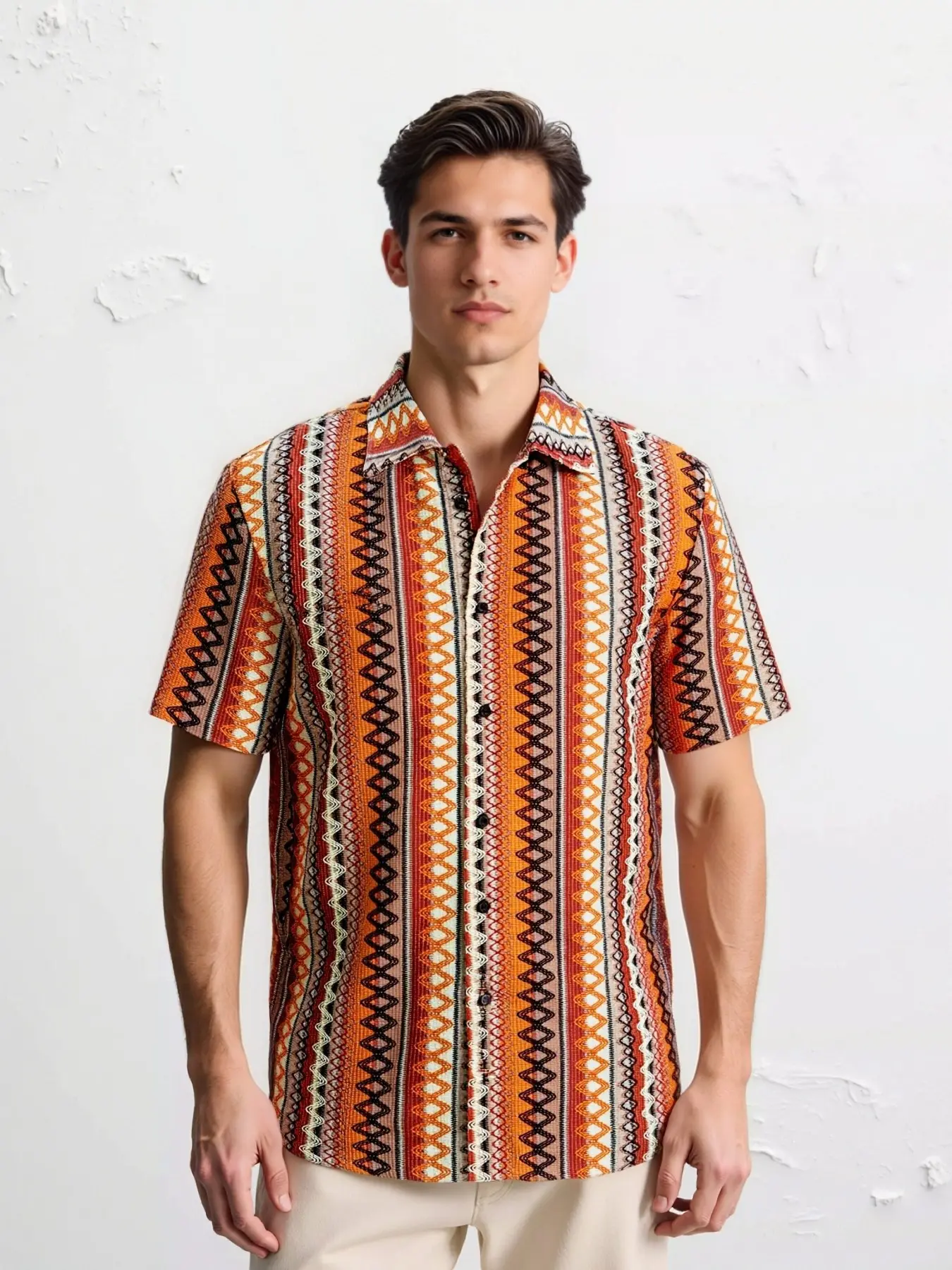 Men's Casual Daily Wear, Beachwear, Long, Featuring An INS-Style Bohemian Multicolor Vertical Striped Crochet-Knit Jacquard Short-Sleeve Casual Vacation Shirt, Button Detailing, Suitable For Hawaiian Beach Getaways