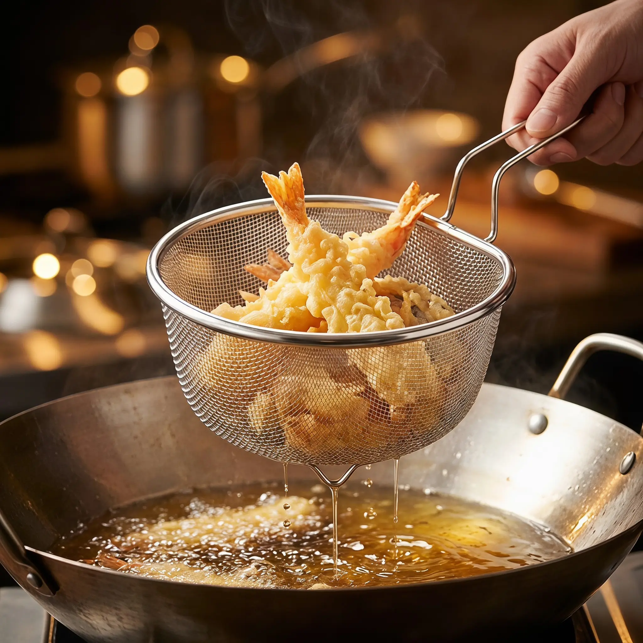 【SummerWins】Fine Mesh Stainless Steel Colander with Long Handle, 304 Food Grade Strainer Basket for Washing Rice, Vegetables & Draining Pasta, Polished Metal, Hanging Hook