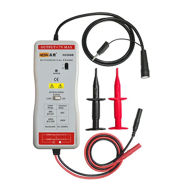 PINTECH High Voltage Differential Oscilloscope Probe Kit Accessory N1008B, 100MHz, 800V, 100X-400V/10X-DC-50MHz Attenuation, Standard BNC Interface, 166.5x70.7x30 mm, 284g/0.63lb