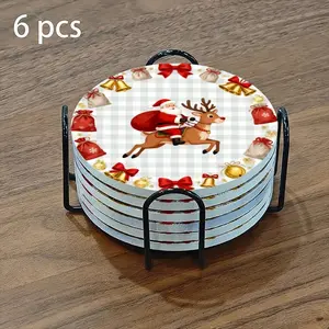 6-piece ceramic coaster set, themed around Christmas reindeer carrying gift rings. Heat-resistant and non-slip coasters, essential for home and dining table decorations, practical and elegant beverage mats, and a top choice for housewarming gifts.