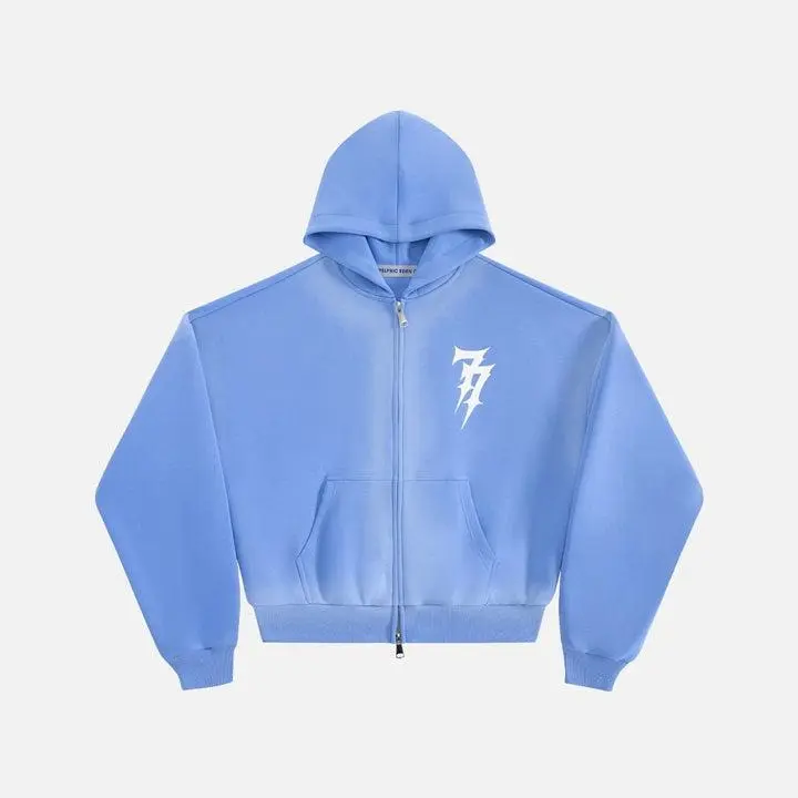Aelfric Eden Boxy Washed Zip Up Hoodie Gradient Wash Finish Gothic Font Print Lightning Bolt Graphic Relaxed Classic Zip-Up Hoodie Heavyweight Soft Fabric Vintage Streetwear Unisex Top
