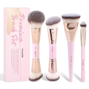 MAANGE 4 Counts Dual-ended Makeup Brushes Set for Liquid Cream Foundation Powder Blush Contouring Concealer Travel Essential Make Up Beauty Tool Kit Cosmetics Blending Tool Pink