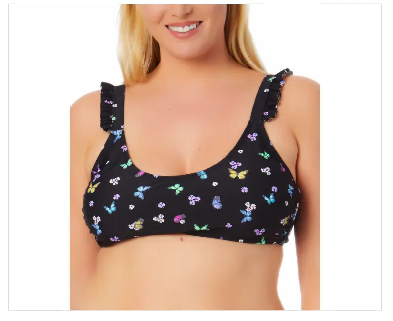 California Waves Women's Plus Size Butterfly-Print Scoop Neck Bikini Top with Ruffled Straps, Adjustable Tie & Removable Cups, Plus Size Fashion, Female, Beach Wear