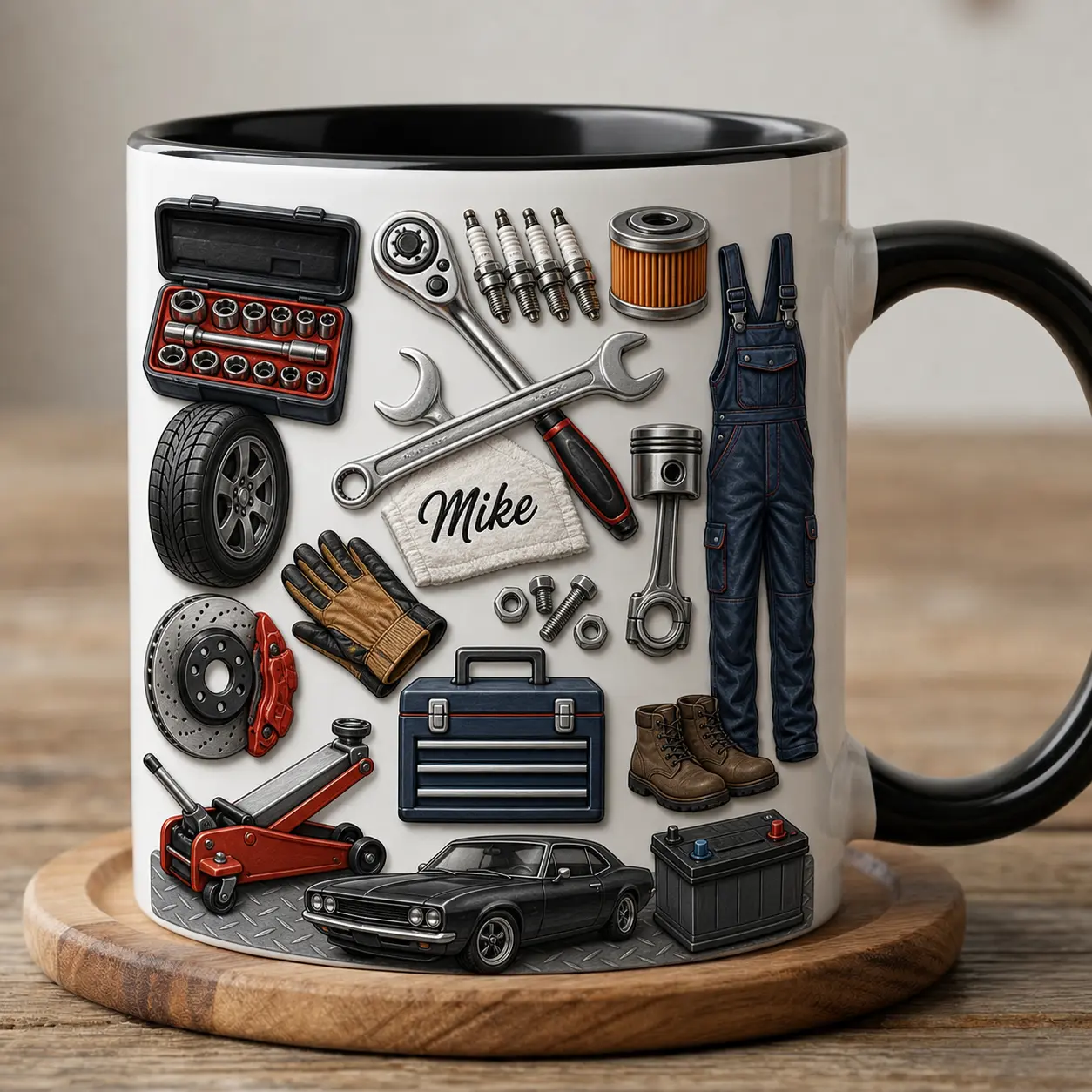 Mechanic Coffee Mug 2D Printed 3D Effect, Custom Name Ceramic Cup with Wrench, Tire, Battery, Brake Disc and Garage Tools, Birthday Gift for Men