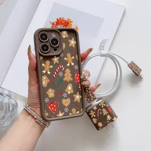 6 Piece Set High Bamboo Christmas Gingerbread Phone Case, Charger Head Cover, Cable Protector, Storage Rope, Data Line Protection