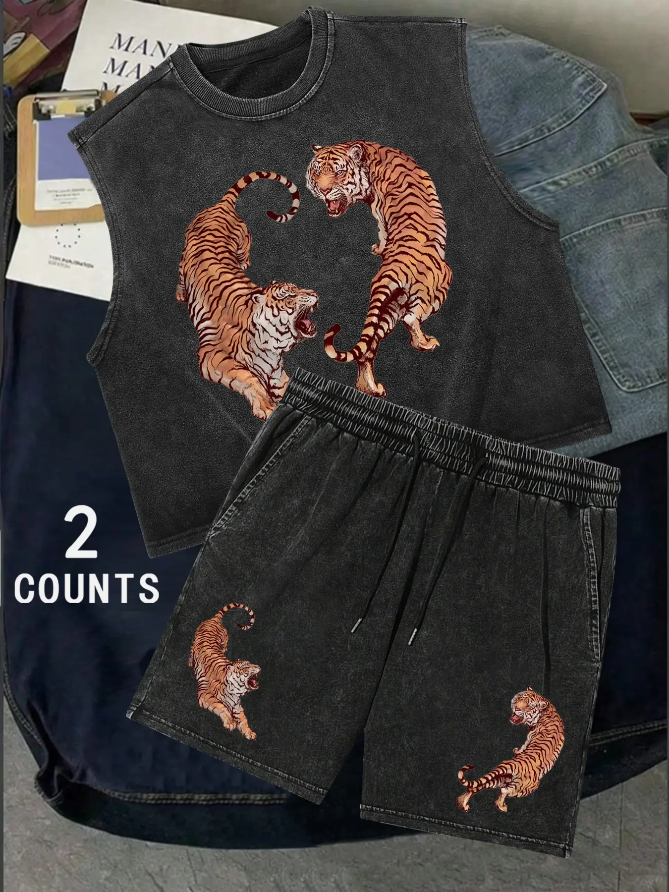 TikTok Hot 2-Piece Tiger Print Set – Men's Washed Distressed Sleeveless Crop Top + Matching Shorts, Double Roaring Tiger Pattern, Cotton Blend Fabric, Suitable for Streetwear, Casual Home Wear, Fitness and Sports Scenarios, Unisex Fit, Bestselling in the
