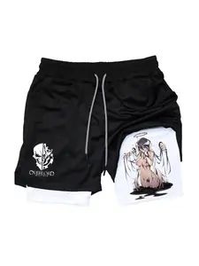 Men's 2-In-1 Anime Print Gym Shorts, Quick-Dry Skull Pattern Training Shorts, Street Style Running Shorts with Drawstring Waist