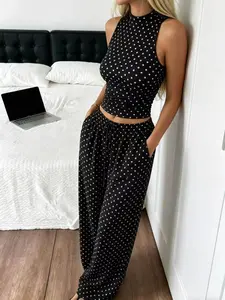 Women's Polka Dot Casual Set, Sleeveless High Neck Top + Wide Leg Pants, Low Waist Summer, Fitted Innerwear, Daily Wear & Home
