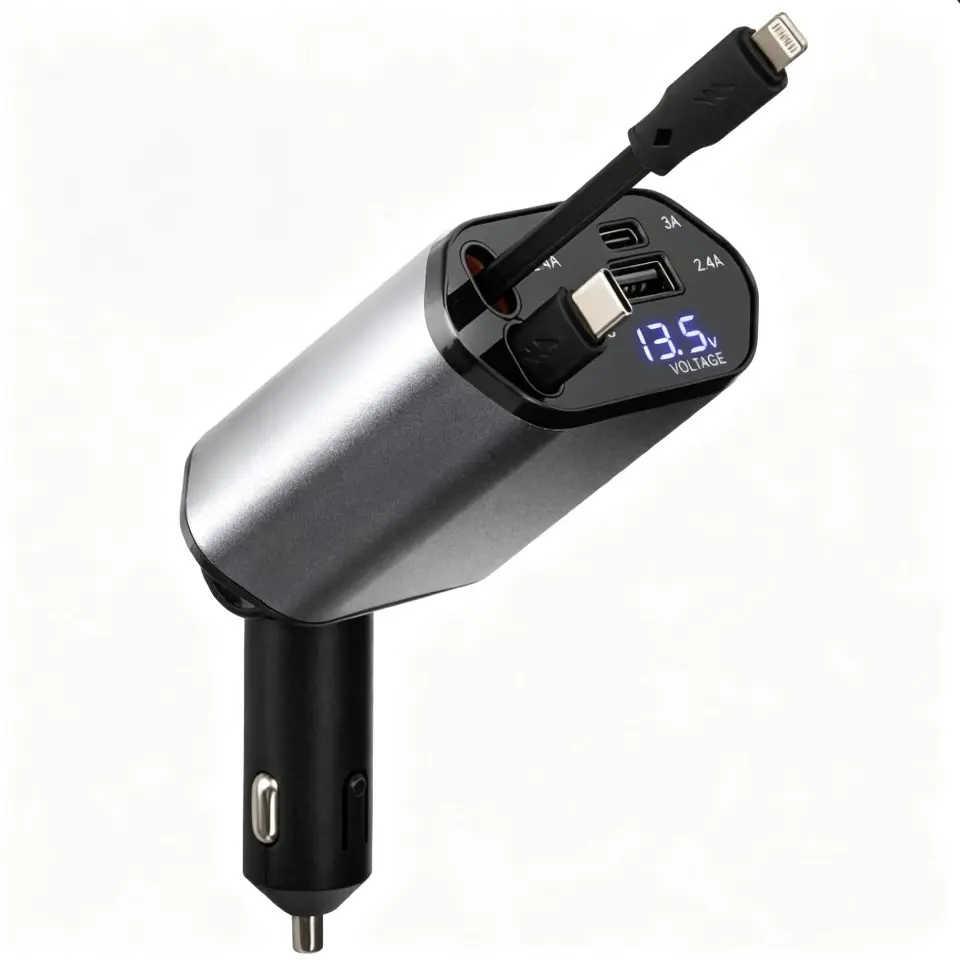 Joytutus Retractable Car Charger, 120W 4 in 1 Fast Charging with 2 Retractable Charger Cables(Type C+iPhone Cable), 2 USB Ports(Type C+USB) for iPhone, Galaxy, Pixel,Samsung, 180° Rotatable, Anniversary Birthday Gifts for Men Women, Summerfinds C Port